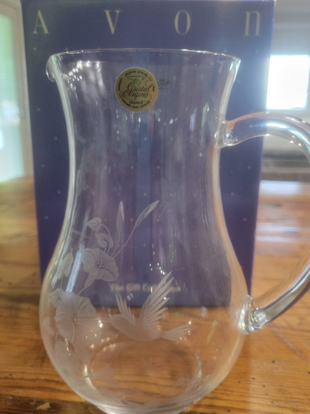 Avon Hummingbird Collection Crystal Pitcher 24% Full Lead Crystal France In Box
